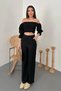 Women's Black Carmen Collar Gipeli Balloon Sleeve Crop Blouse High Waist Pants Two-Piece Set - 4