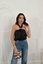 Women's Black Satin Halter Neck Metal Buckle Detailed Sleeveless Halter Neck Flowy Blouse