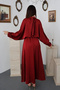 Women's Burgundy Satin High Collar Bat Sleeve Long Sleeve Elastic Waist Maxi Length Evening Dress - 5