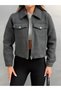 Women's Zippered Pocket Detailed Short Cashmere Jacket Anthracite - 4