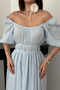 Women's Blue Carmen Madon Collar Elastic Waist Balloon Sleeve Muslin Fabric Casual Summer Dress - 4