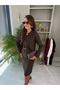 Women's Brown Gold Glitter Tweed Long Sleeve Crop Jacket and Belted Pencil Skirt Two-Piece Set - 2