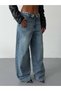 Women's Folded Waist Detailed Wide Leg Jeans Loose Leg Denim Trousers - 3