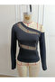 Women's long sleeve one shoulder open beaded and tulle detailed diver blouse - 5