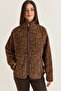 Women's Brown Patterned Stand Collar Pocket Detailed Ribbed Zippered Teddy Jacket 880 60286659