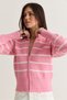 Women's Pink-Ecru Striped Zippered High-Neck Knitwear Cardigan Th261057 60286622 - 4