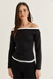 Women's Black Contrast Ribbed Boat Neck Gathered Detailed Blouse 36062 60286620 - 4