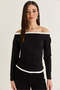 Women's Black Contrast Ribbed Boat Neck Gathered Detailed Blouse 36062 60286620 - 2