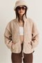 Women's Beige Stand Collar Pocket Detailed Ribbed Double Zipper Oversize Teddy Fleece Sweat 2970 60286656