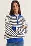 Women's Navy Blue-Sax Polo Collar Zippered Striped Oversize Knitwear Sweater 2757 60286481