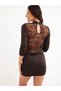 Rochie mini de damă, din dantelă, cambrată, cu mânecă lungă, maro - 4