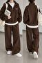 Coffee Color Stand Collar Bow Print Top and Wide Leg Bottom Tracksuit Set - 3