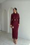 Burgundy Glitter Detailed Transparent Patterned Long Sleeve Fish Cut Evening Dress with Brooch Accessory