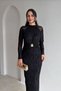 Black Glitter Detailed Transparent Patterned Long Sleeve Fish Cut Evening Dress with Brooch Accessory - 4