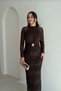 Brown Glitter Detailed Transparent Patterned Long Sleeve Fish Cut Evening Dress with Brooch Accessory - 4