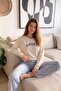 Beige Amore Patterned Cotton Refined Women's Pajama Set - 2