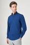 Navy Blue Buttoned Collar Long Sleeve Slim Fit Cotton Shirt 1004260235 - 2