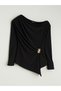 Nevavm with a Difference Lcw Vision Black Combed Cotton Plain Boat Neck Long Sleeve Women's Blouse - 4
