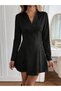 Women's Black Suede Fabric Shirt Collar V-Neck Long Sleeve A-Line Mini Dress - 4