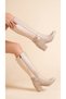 Leather Look Long Boots with Stretchable Back, Flexible Thick Heels and V Metal Detail - 4