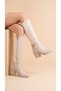 Leather Look Long Boots with Stretchable Back, Flexible Thick Heels and V Metal Detail - 3