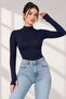Women's Navy Blue Finger-Looped Half Turtleneck Long Sleeve Slim Fit Bodysuit