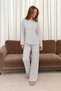 Women's Long Sleeve Striped Report Fabric Soft Pajama Set – Relaxed Fit Crew Neck Bottom Top Set - 2