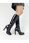 Black Color Patent Leather High Thick Heel Platform Sole Zippered Women's Boots