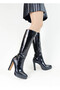 Black Color Patent Leather High Thick Heel Platform Sole Zippered Women's Boots - 3