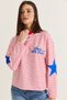 Women's Pink-Red Paris 1975 Printed Star Detailed Striped Crew Neck Oversize Sweatshirt 927-2 60286670 - 6