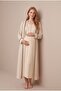 Women's Beige Patterned Lace Long Sleeve Maternity Nightgown Set with Easy Breastfeeding Feature - 3