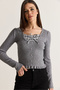 Women's Gray Plaid Detailed Waist Hugging Ruffle Knitwear Blouse Th261102 60286684 - 5