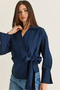 Women's Navy Blue Silvery Striped Double Breasted Collar Belted Shirt Blouse 1108 60286672