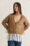 Women's Tan V-Neck Buttoned Flywheel Lace Detailed Sleeves Gathered Knitwear Cardigan 9110 60286671 - 2