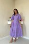 Women's Lilac Shirt Collar Belted Buttoned Embroidered Scalloped Balloon Short Sleeve Flared Midi Dress