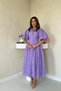 Women's Lilac Shirt Collar Belted Buttoned Embroidered Scalloped Balloon Short Sleeve Flared Midi Dress - 2