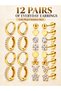 12-Pair Gold-Plated Earrings Set, 316L Stainless Steel Flat Back Studs & Hoops, 20G