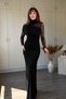 Shoulder Detailed Lace Sandy Fabric Maxi Black Dress - 5