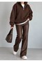 Brown Stand Collar Zippered Pullover Sweatshirt - 2