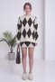 Women's Diamond Patterned Double Set Oversize Sweater and Mini Skirt Knitwear Brown, Navy Blue - 7