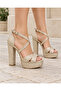 Women's Gold Patterned Ankle Strap Platform High Thick Heeled Evening Dress Shoes - 5