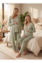 New Collection Green Ribbed Front Buttoned Cotton Long Sleeve Maternity Pajama Set with 3 Pieces
