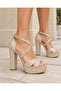 Women's Gold Patterned Ankle Strap Platform High Thick Heeled Evening Dress Shoes