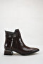 Monica Brown Women's Brown Pointed Toe Short Thick Heeled Metal Accessory Tasseled Zippered Boots - 3