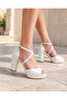 Women's Floral Patterned Cross-Strapped Low Platform Thick Heeled Premium Bridal Shoes