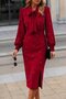 Women's Long Sleeve Bow Collar Side Slit Pearl Embellished Midi Imported Crepe Dress