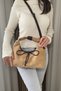 Women's Camel Suede Look Stylish Hand and Shoulder Bag with Bow Detail and Gold Accessories - 4