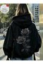 Women's Linear Black Rose Printed 3 Thread Oversized Hoodie Sweatshirt - 2