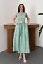 Women's Mint Crew Neck Sleeveless Floral Appliqué Belted Pocketed Flared Midi Evening Dress