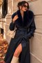 Women's Navy Blue Fur Collar Faux Leather Coat Long Sleeve Belted Buttoned Trench Coat